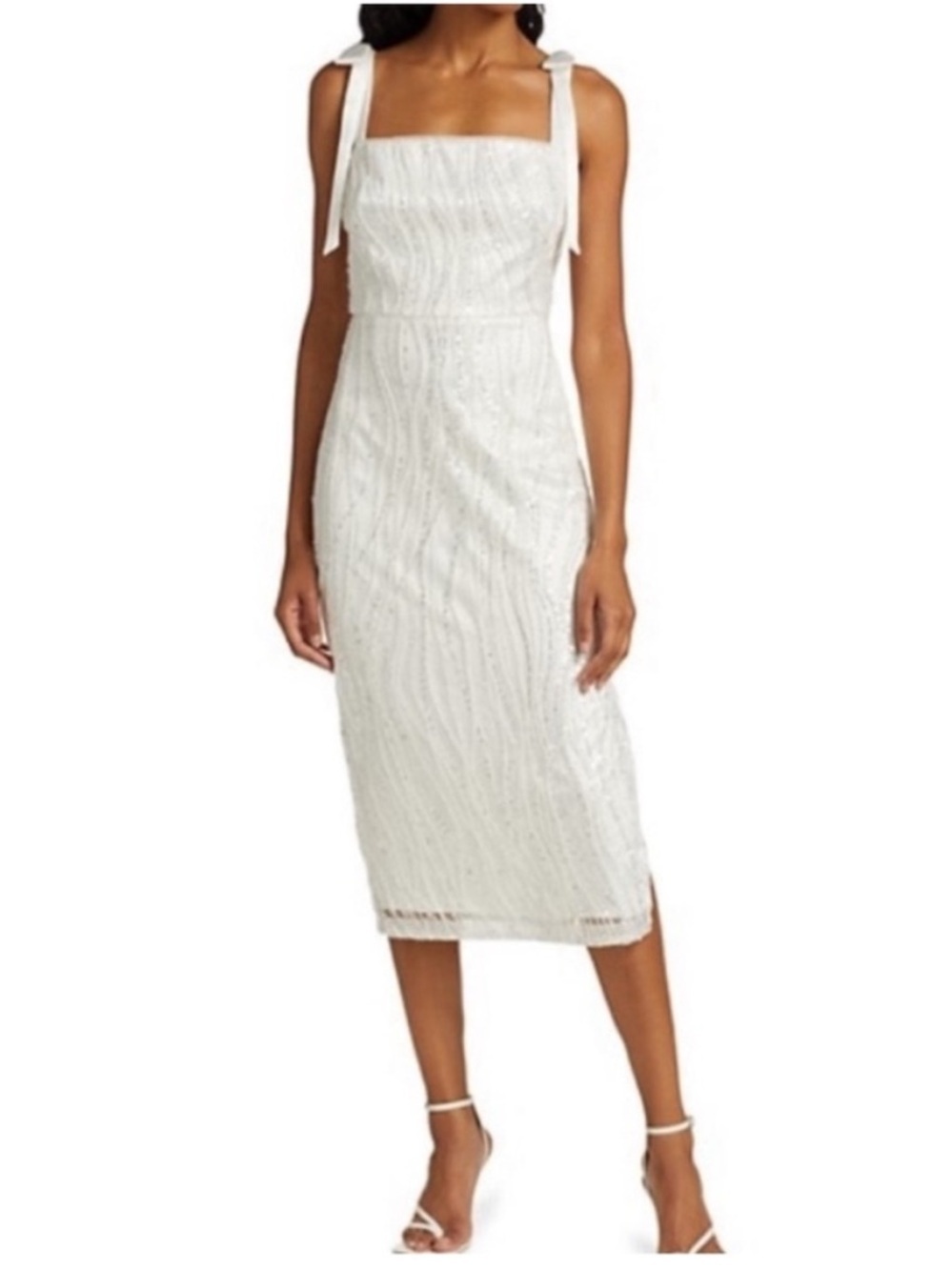ML Monique Lhuillier Sequin Tie Shoulder Midi Dress Size 8